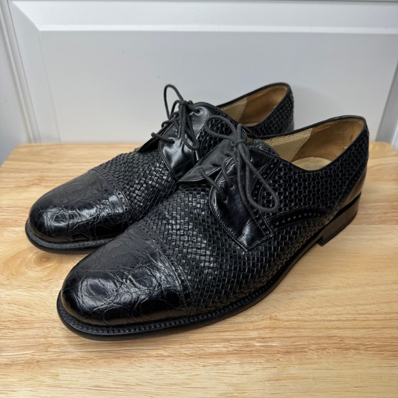 Mezlan Men's Crocodile Black Leather Woven Cap Toe Oxford Dress Shoes Size 10M